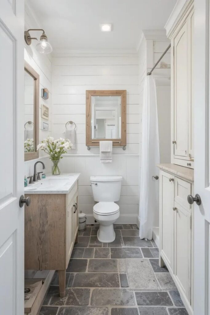 Neutral tones in a farmhouse bathroom with shiplap, wood, and soft textures.