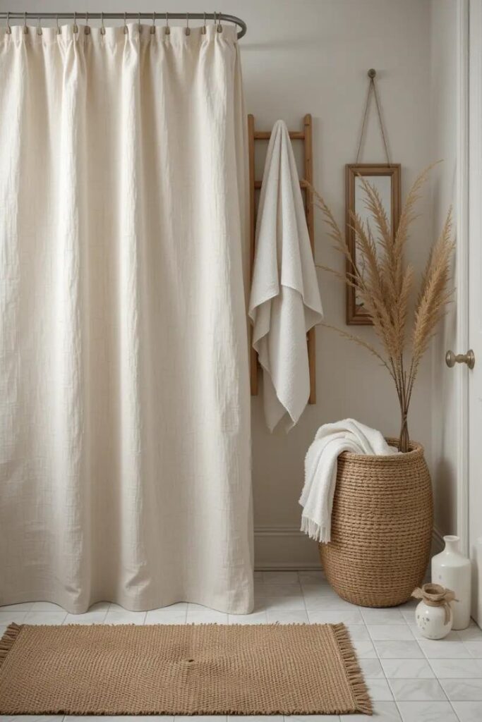 Natural textiles like linen and cotton used in a soft, cozy farmhouse bathroom.