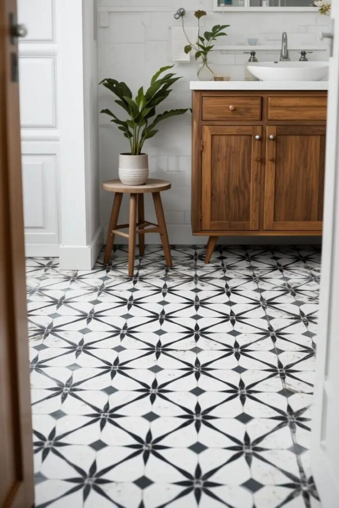 Bold patterned floor tiles in a modern farmhouse bathroom with white and wood finishes.