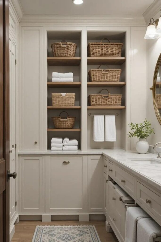 Built-in bathroom storage with recessed shelves and shaker cabinetry in a farmhouse style.