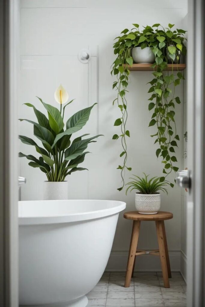 Farmhouse bathroom with indoor plants like peace lily and pothos for natural decor.
