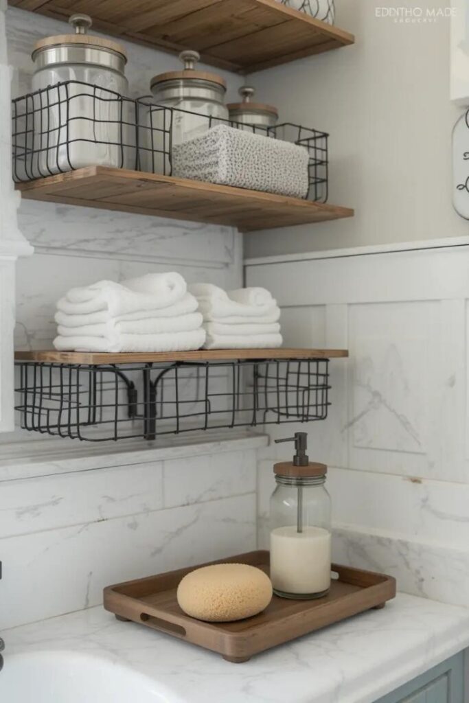 Thoughtful farmhouse bathroom accessories like wire baskets and natural materials.