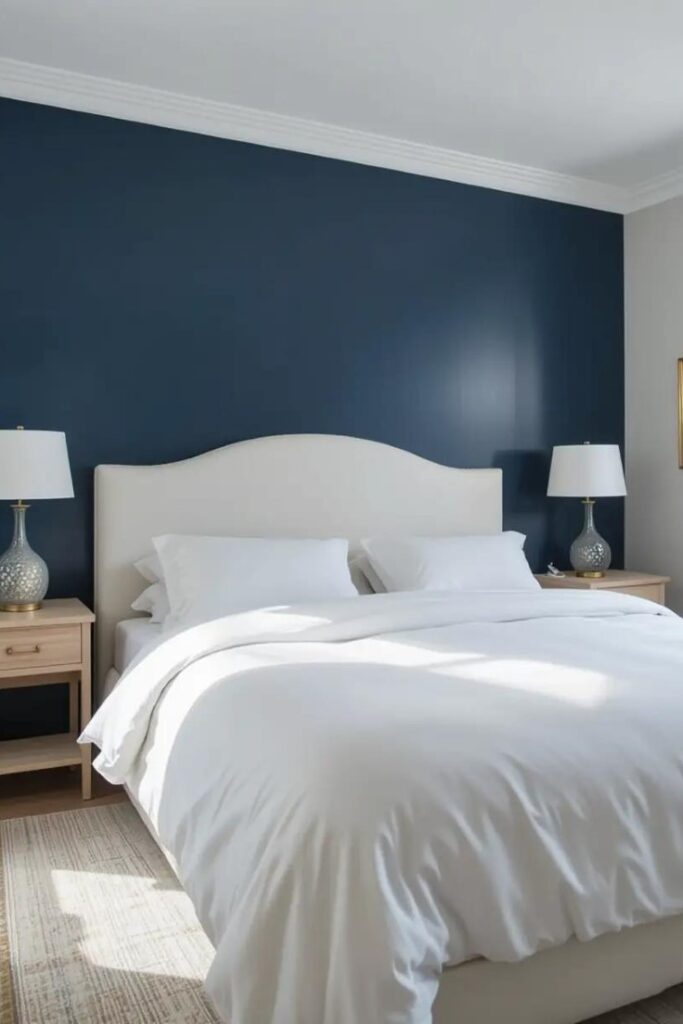 Navy blue accent wall behind bed paired with white bedding and light wood furniture in a cozy bedroom.