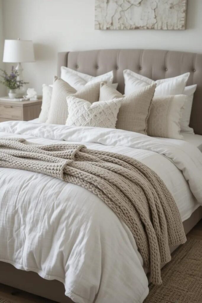 Cozy modern farmhouse bedroom with neutral tones and layered textured bedding.