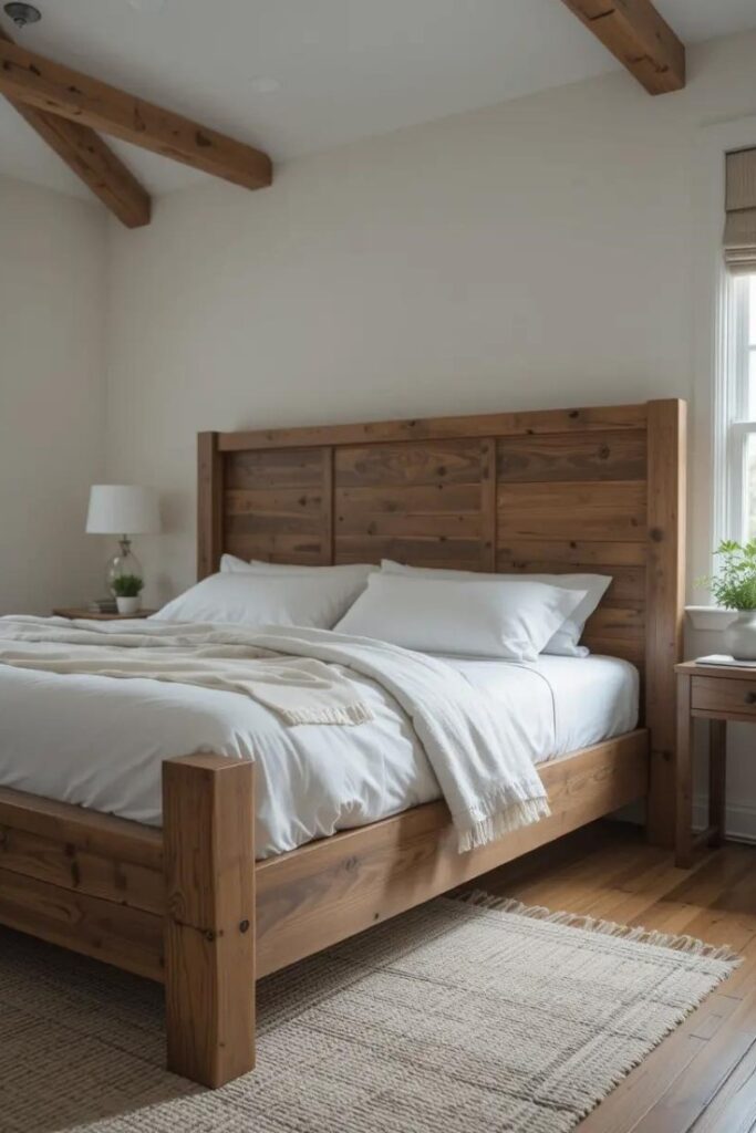 Wooden bed frame with natural finish in a simple modern farmhouse bedroom.