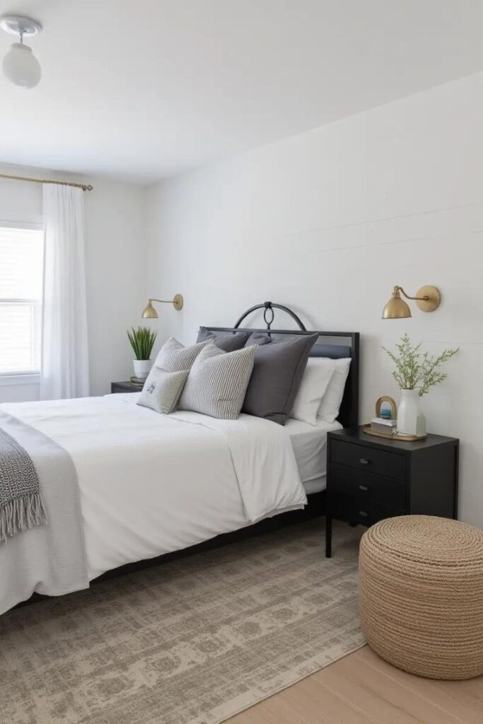 Modern farmhouse bedroom with mixed metal accents including brass and matte black.
