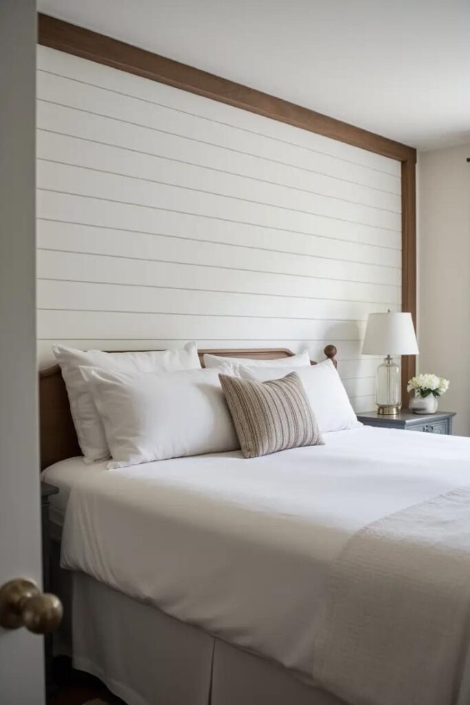 Modern farmhouse bedroom with a white shiplap accent wall behind the bed.