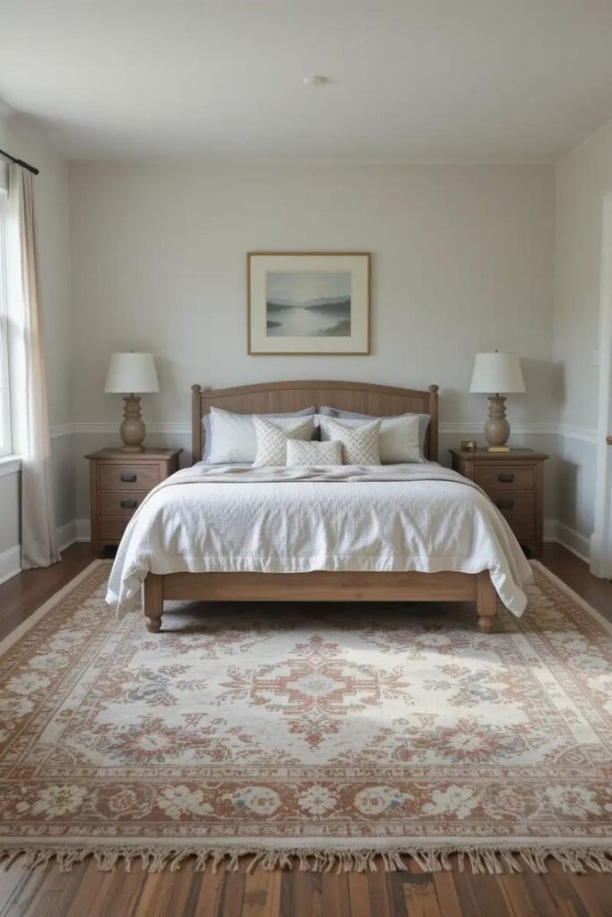 Vintage-inspired area rug layered over jute in a modern farmhouse bedroom.