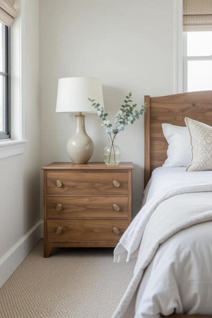 Modern farmhouse bedroom with a wooden nightstand