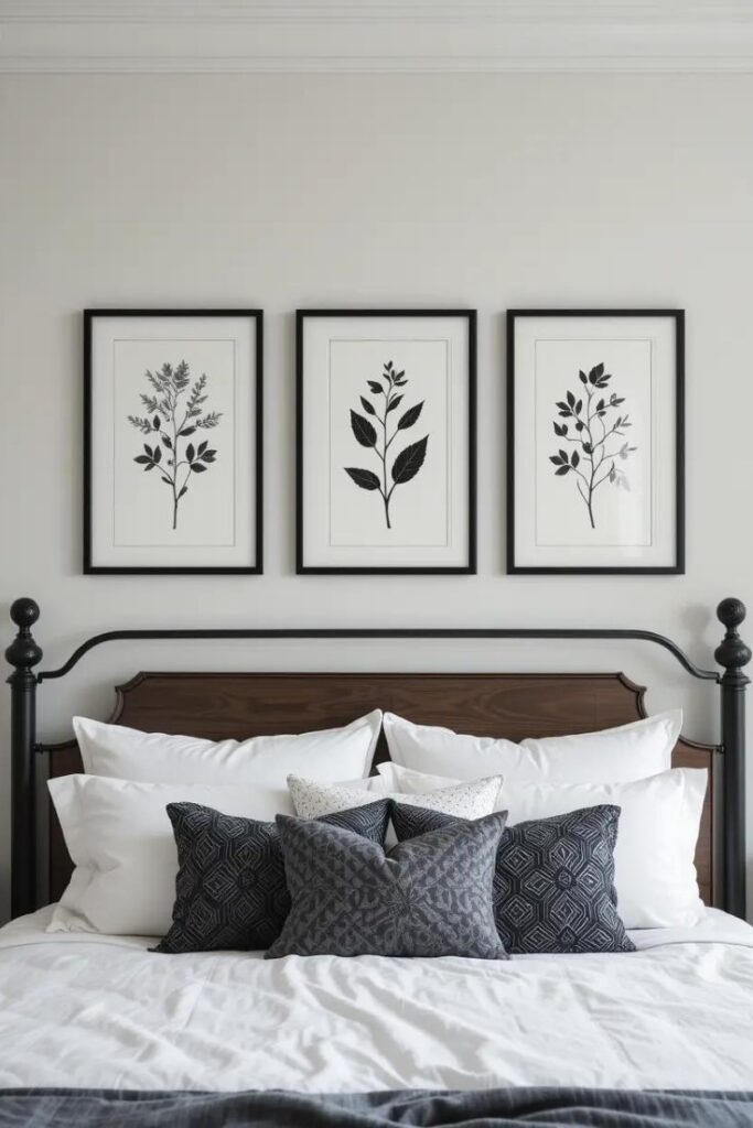 Bedroom wall with three black and white botanical prints