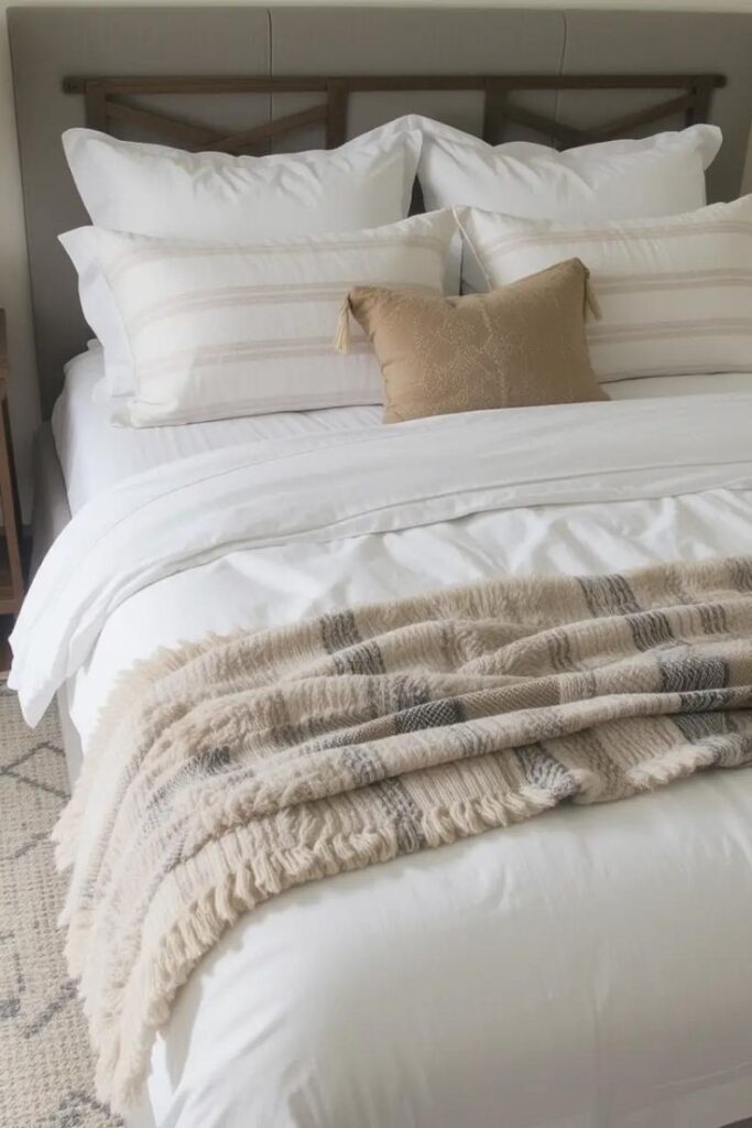Bed with white sheets, beige striped pillows, and a buffalo check throw.