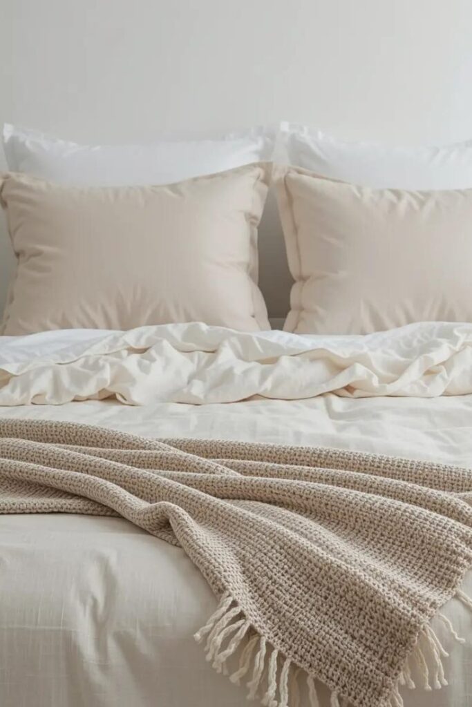 Bed with white cotton sheets, beige linen duvet, and a folded knit throw at the foot