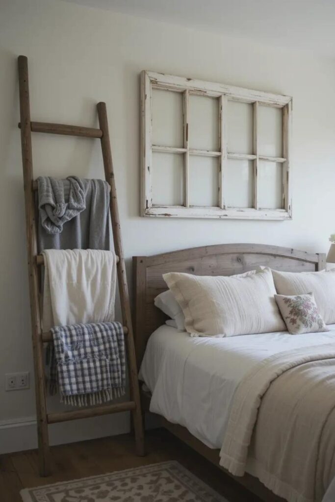 Farmhouse bedroom with a reclaimed wood ladder holding blankets and an old white window frame hanging above the bed
