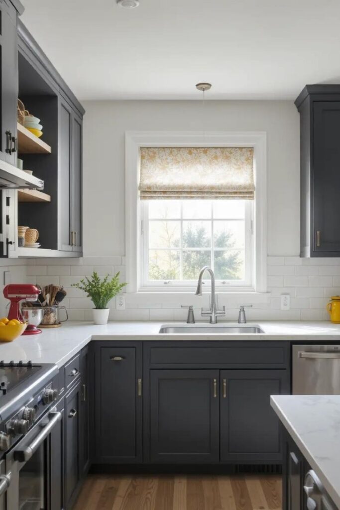Dark gray kitchen with colorful accessories for a bright contrast.