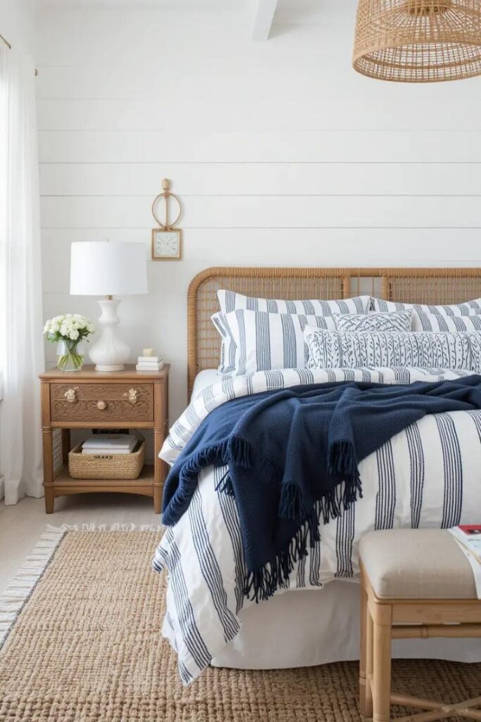 Coastal bedroom with navy and white decor, shiplap walls, and natural textures.