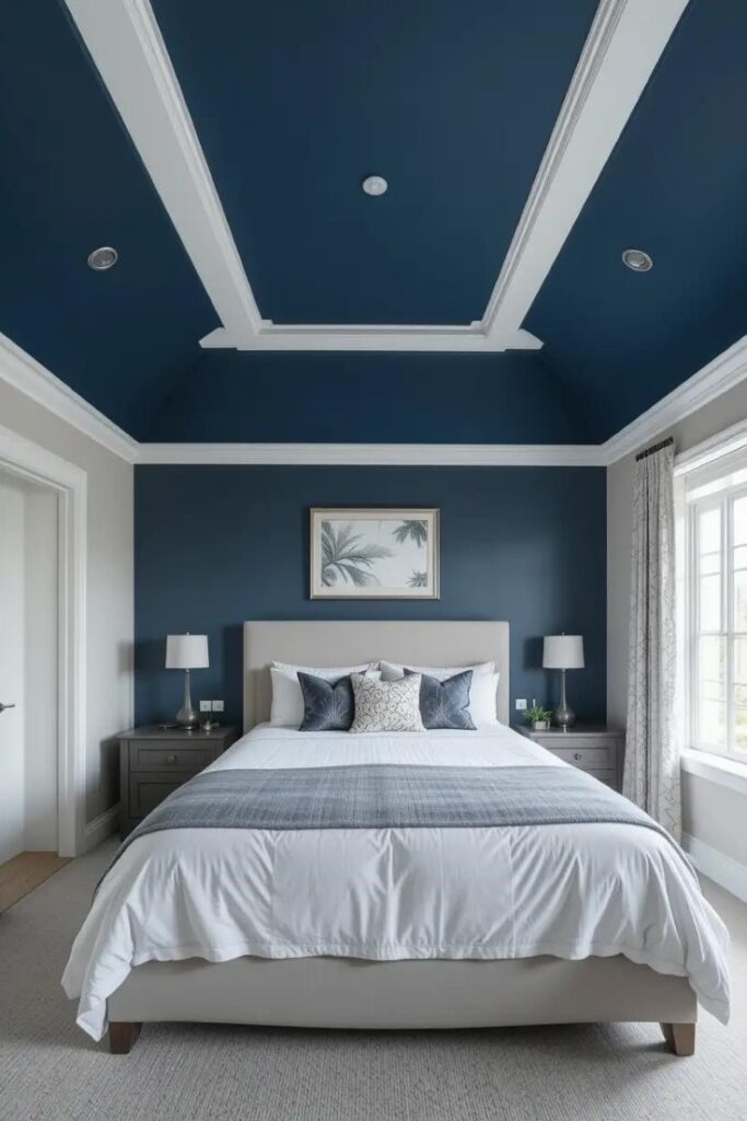 Bedroom with navy blue painted ceiling and white walls for a cozy, intimate look.
