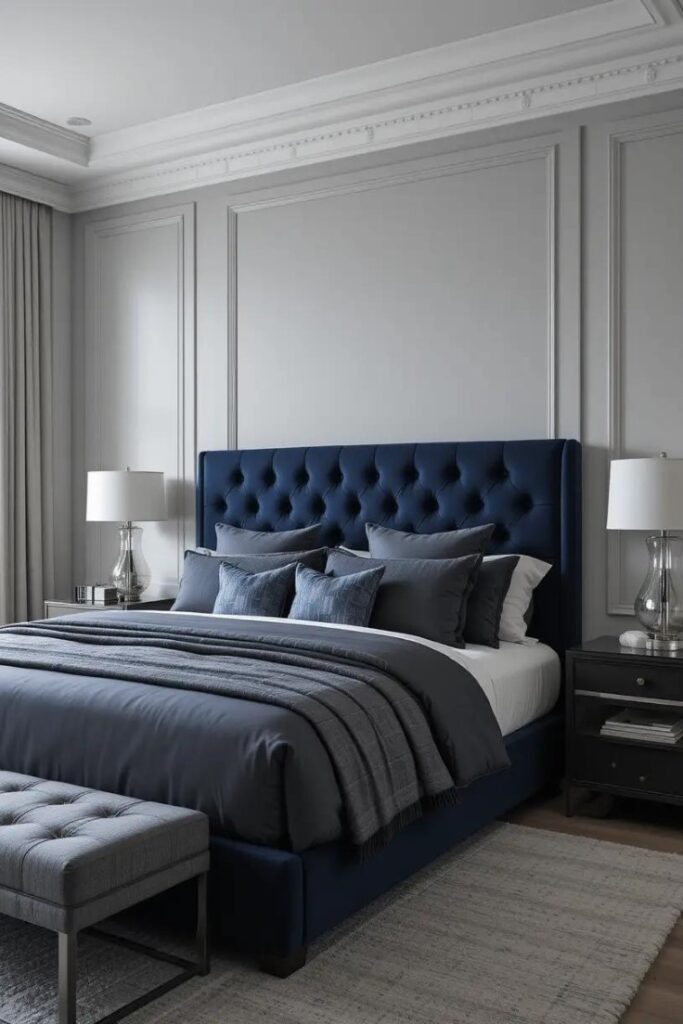 Modern navy and gray bedroom with sleek furniture and layered textures.
