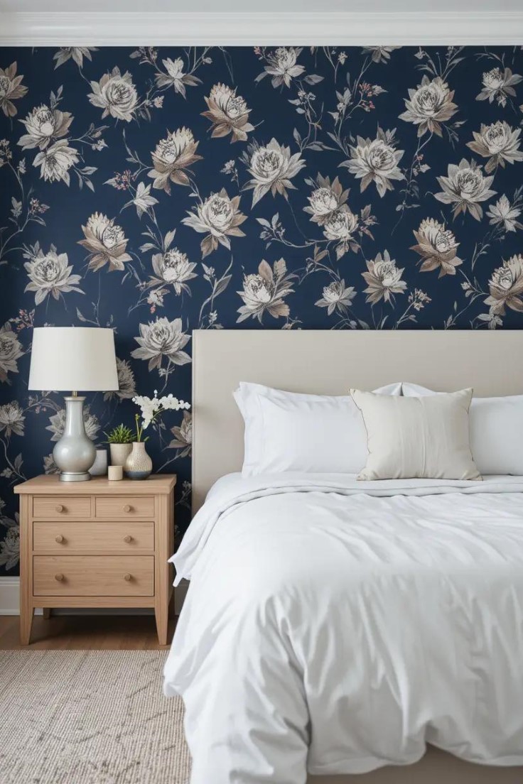 Navy blue wallpaper accent wall with white bedding and simple decor in a bedroom.
