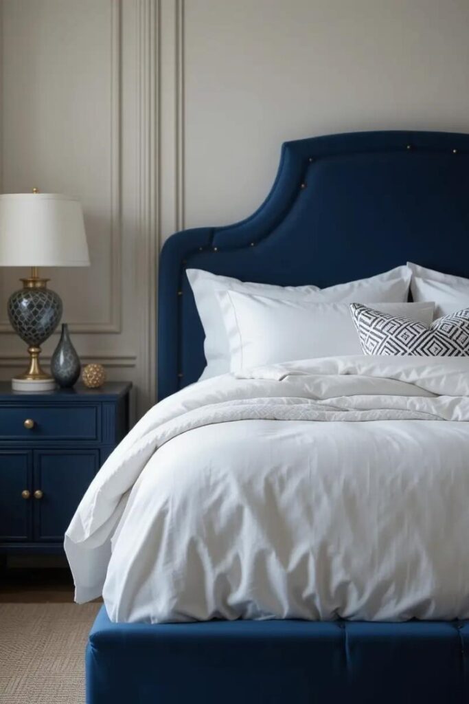 Navy blue velvet bed frame in a bedroom with neutral walls and gold accents.