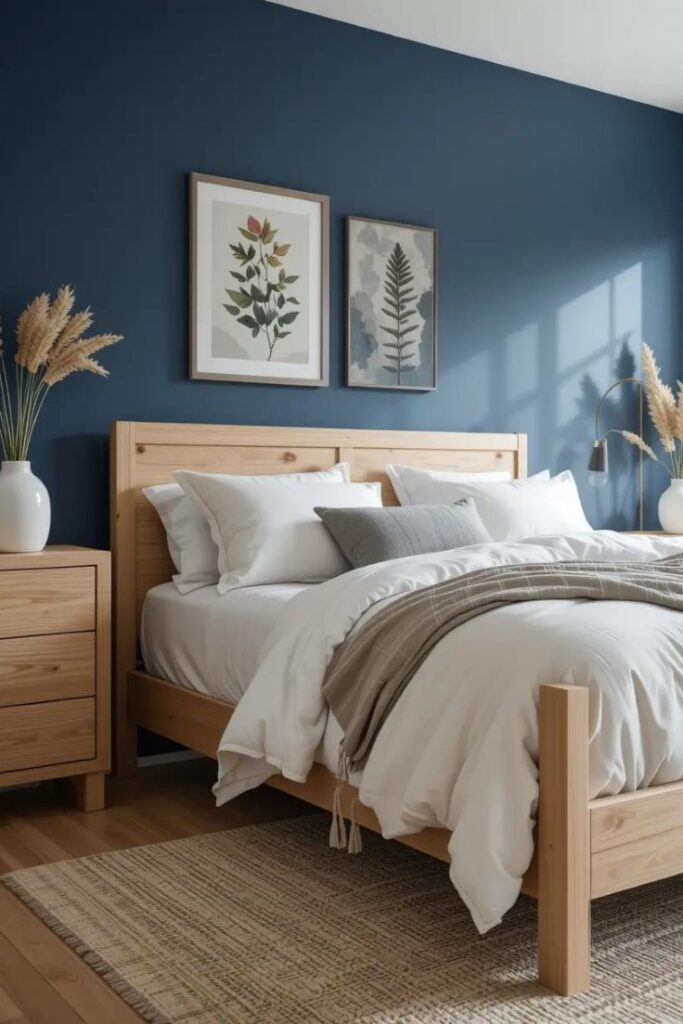 Navy blue bedroom with natural wood furniture and soft neutral textiles.