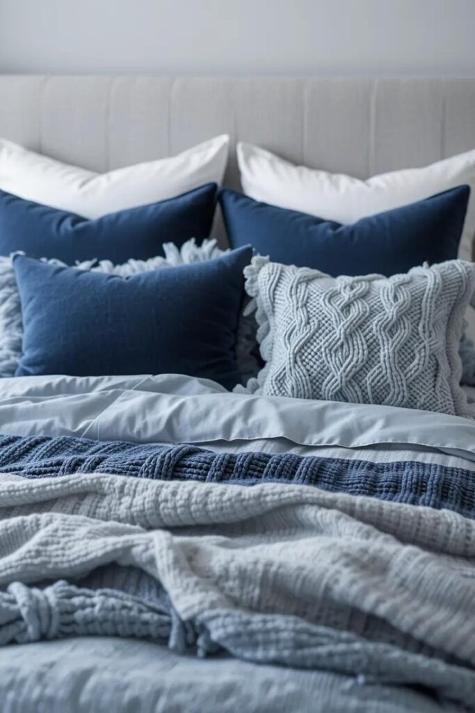 Layered navy textiles on a bed with mixed textures for a cozy bedroom look.