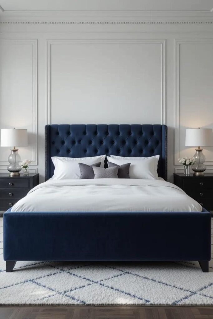 Tufted navy blue headboard with white bedding in a modern, elegant bedroom.