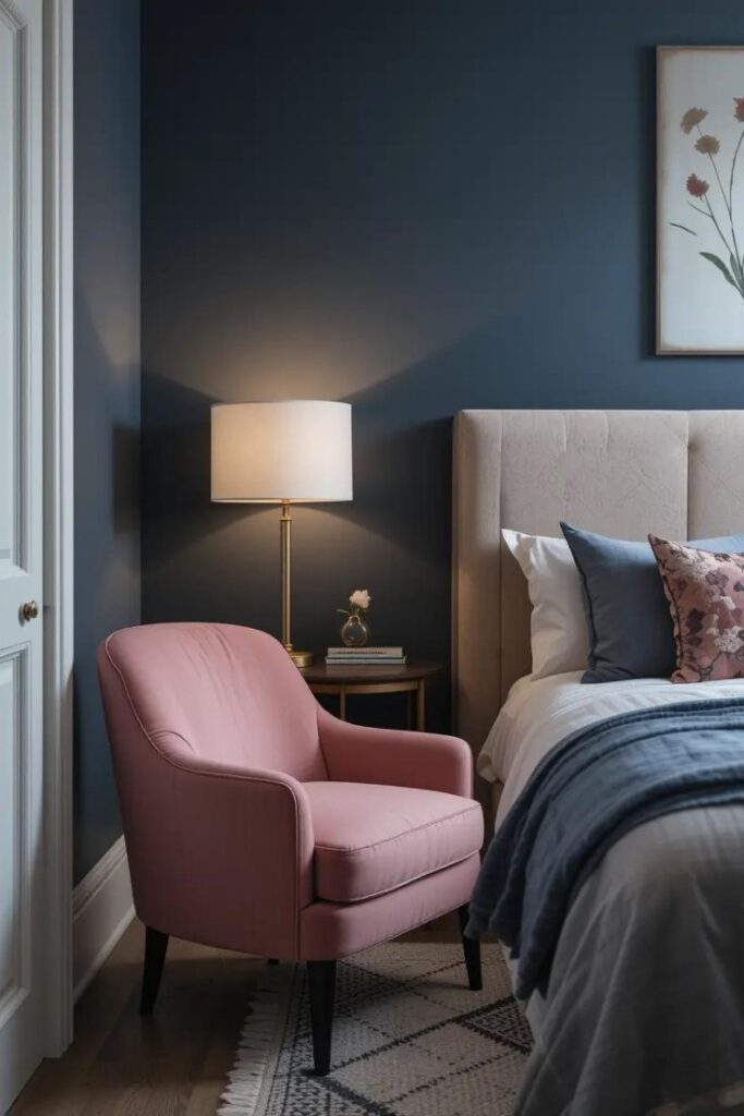 Navy blue and blush pink bedroom with feminine and modern touches.