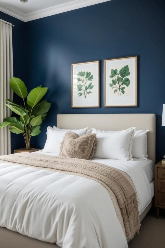 Navy blue bedroom with green plants and botanical prints for a fresh, natural look.