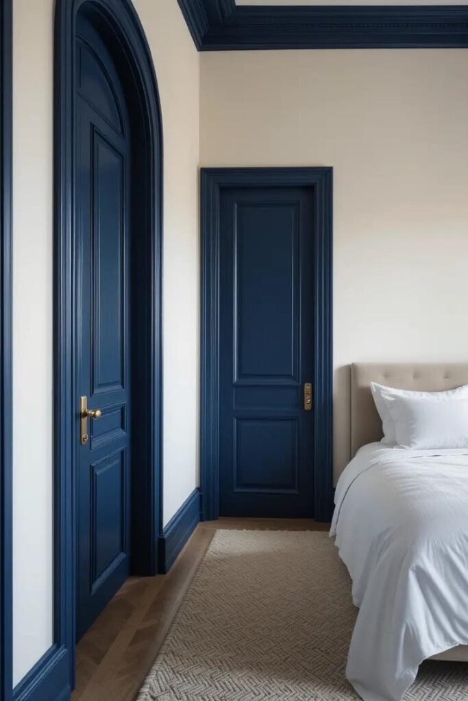 Bedroom with navy blue trim and doors against light walls for a bold, structured look.