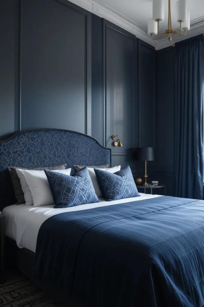 Monochromatic navy blue bedroom with layered tones and brass accents.
