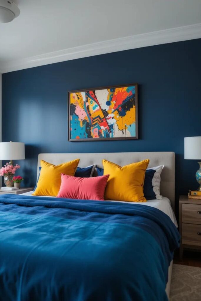 Navy blue bedroom with bright coral and mustard yellow accents for a lively touch.
