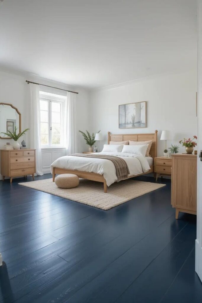 Navy blue painted floors in a bedroom with light furniture and white walls.