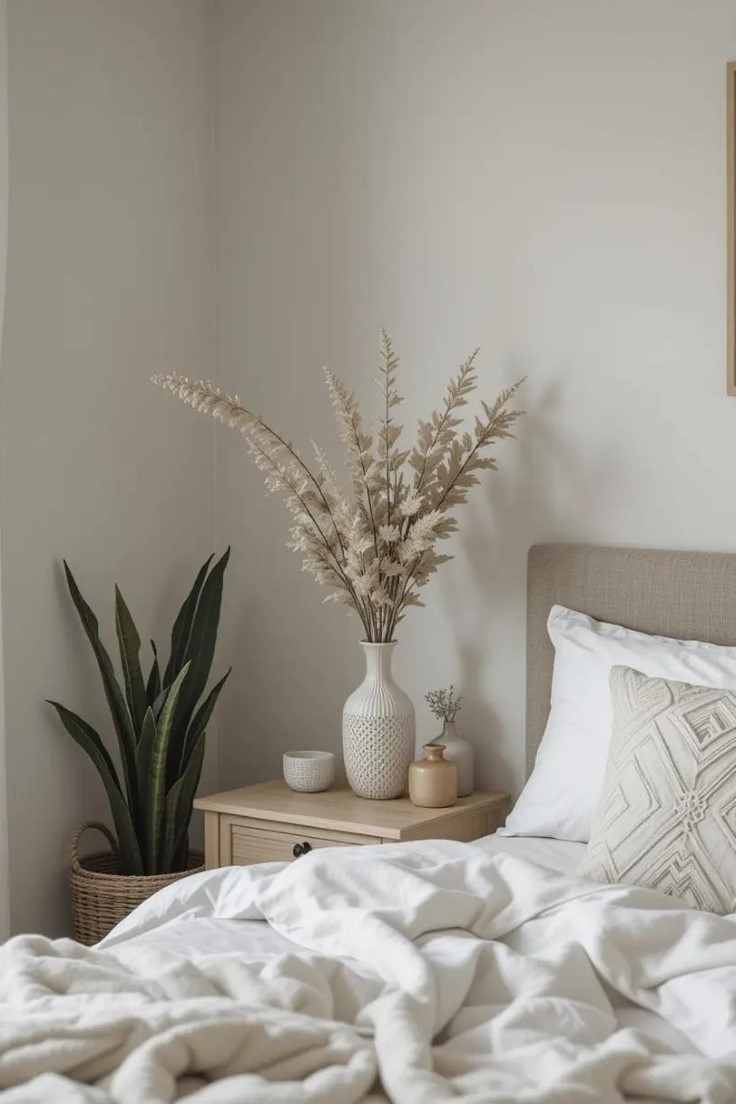 Calm bedroom with neutral tones and greenery like a snake plant and eucalyptus for natural texture.