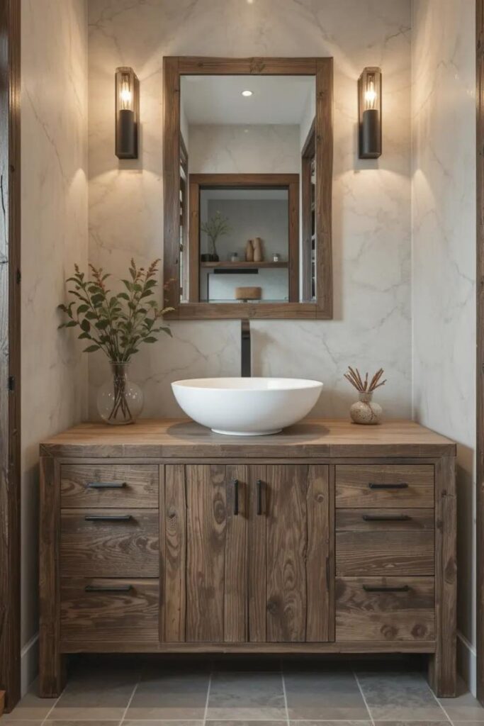 Reclaimed wood bathroom vanity with white vessel sink in a rustic bathroom.