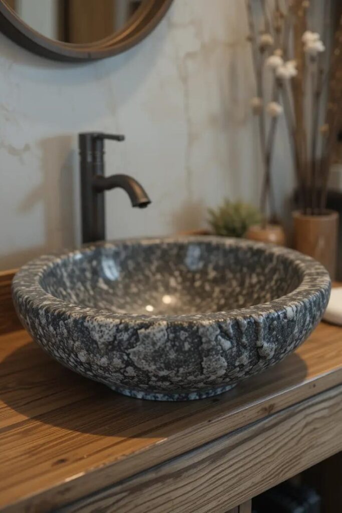 Stone vessel sink on wooden vanity in a rustic bathroom.