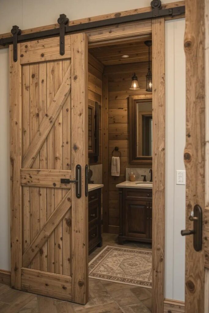 Sliding barn door leading to a rustic bathroom.