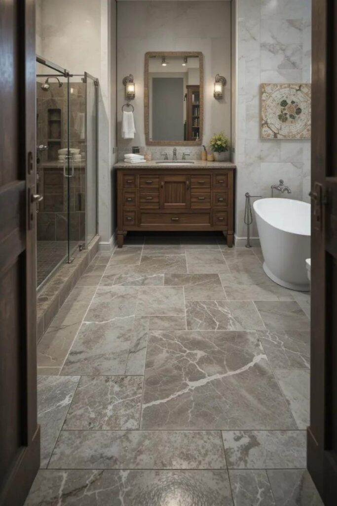 Slate stone tile flooring in a rustic bathroom.