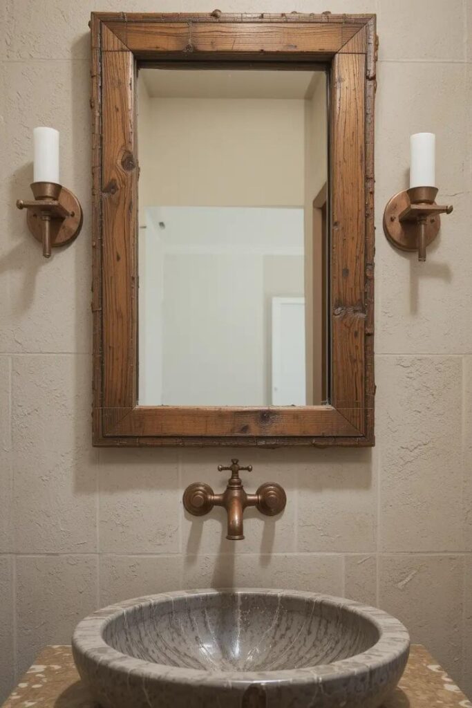 Copper and bronze fixtures in a rustic-style bathroom.