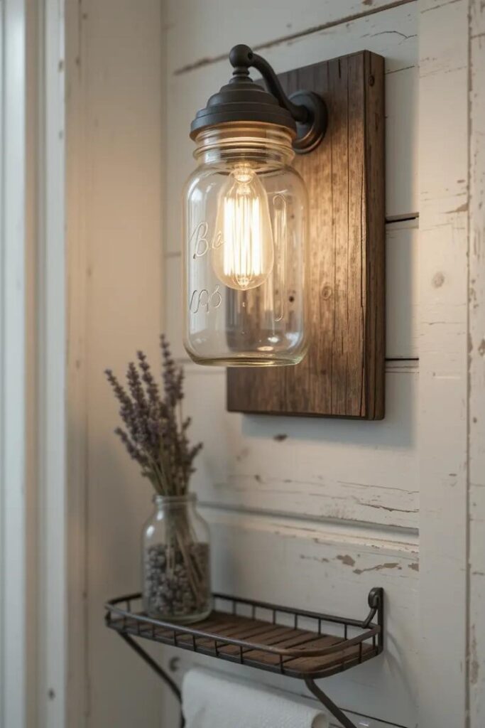 A rustic bathroom wall featuring a mason jar sconce light