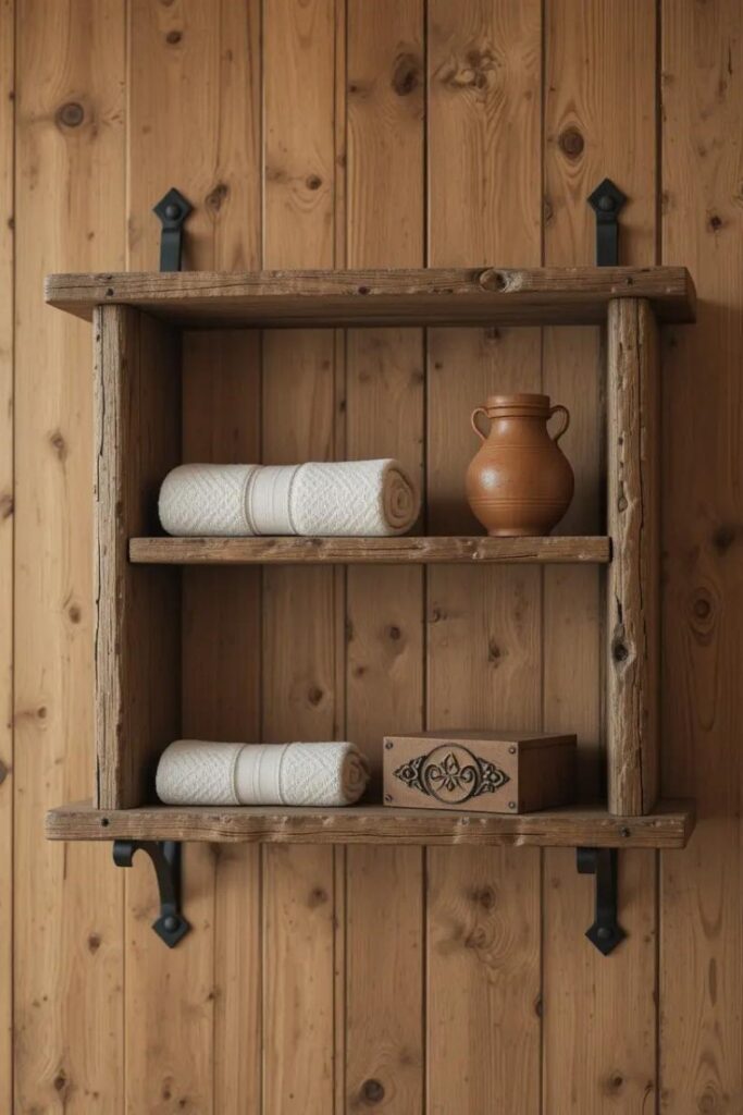 Rustic open wood shelf mounted with black wrought iron brackets
