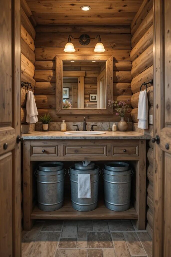 Rustic bathroom with galvanized metal bins