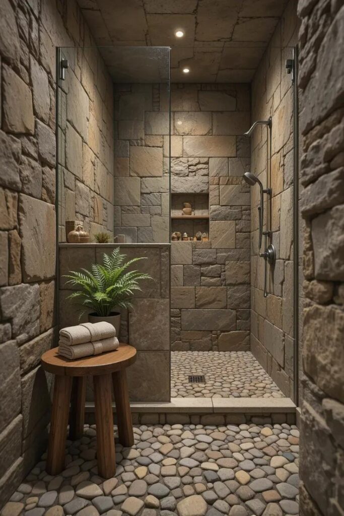 Rustic walk-in shower with pebble stone flooring and a partial glass wall.