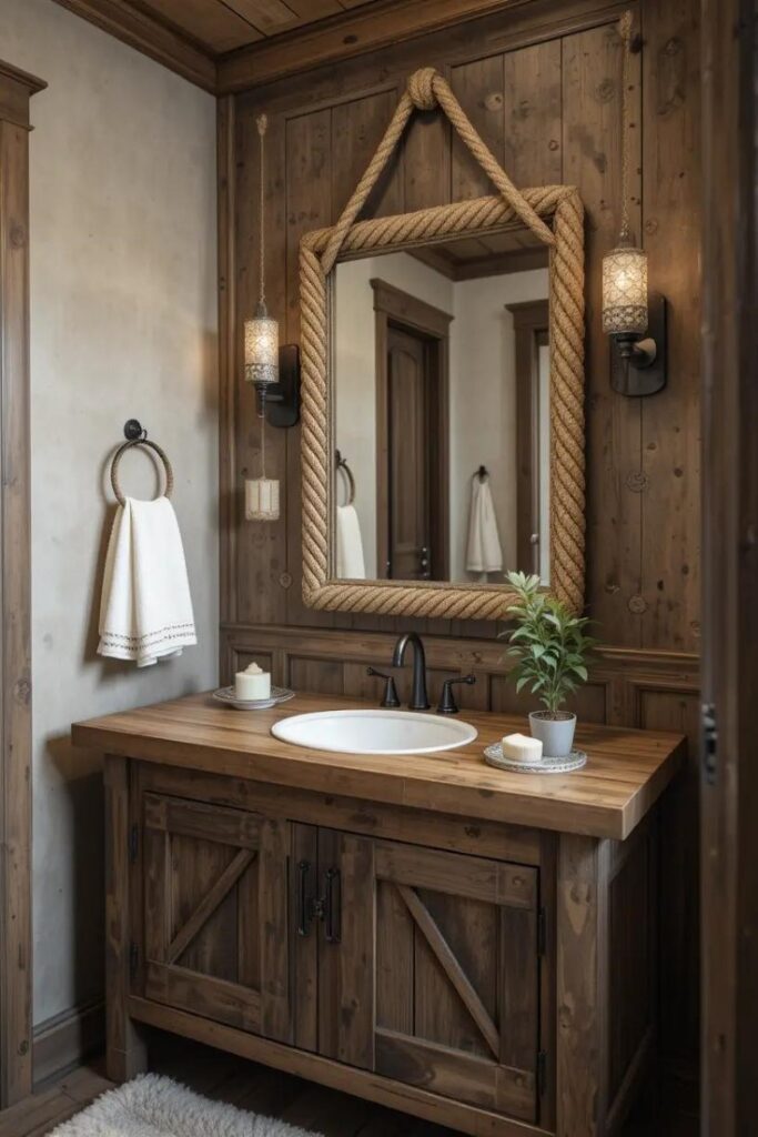 Rustic bathroom featuring a rope-framed mirror above a reclaimed wood vanity.
