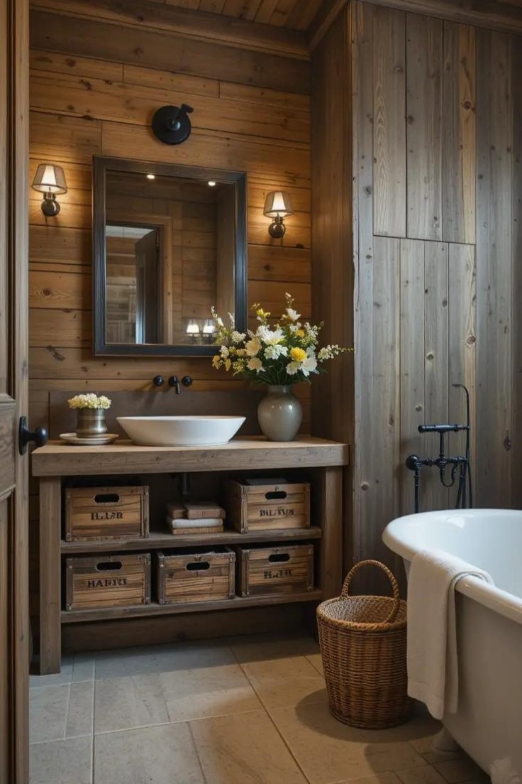 Rustic bathroom with antique wood crates stacked under an open vanity and large woven baskets