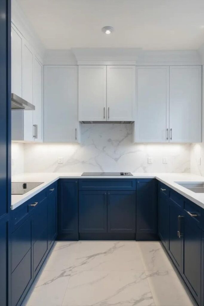 Transitional kitchen with white and navy two-tone cabinetry and minimalist quartz countertops.