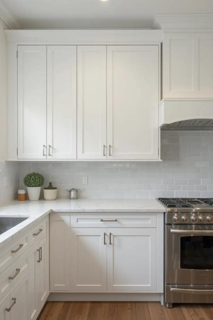 Transitional kitchen with white Shaker-style cabinet doors and modern hardware.