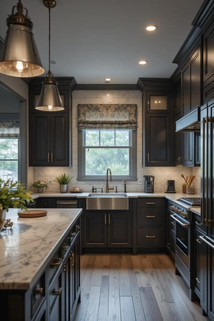 Mixed metal finishes in a transitional kitchen with brass, black, and stainless steel accents.