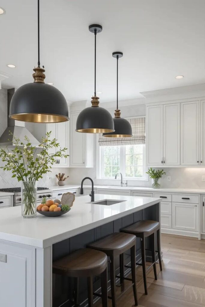 Statement pendant lights above an island in a transitional kitchen.