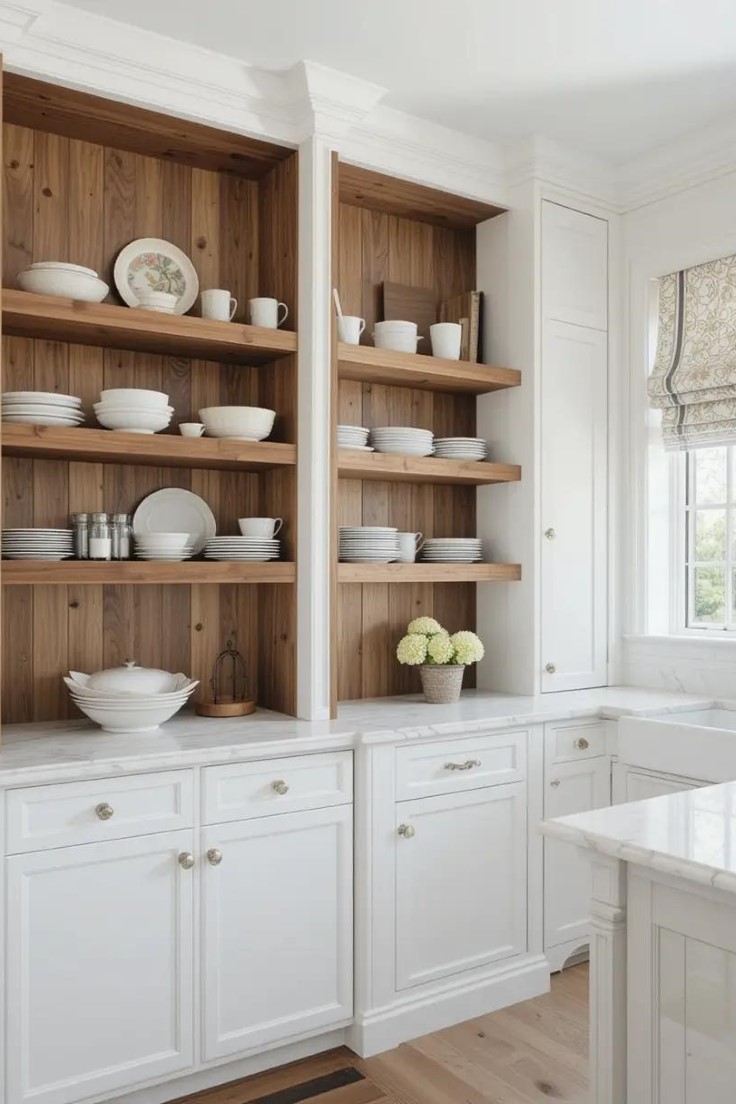 Open shelving mixed with closed cabinets in a transitional kitchen.