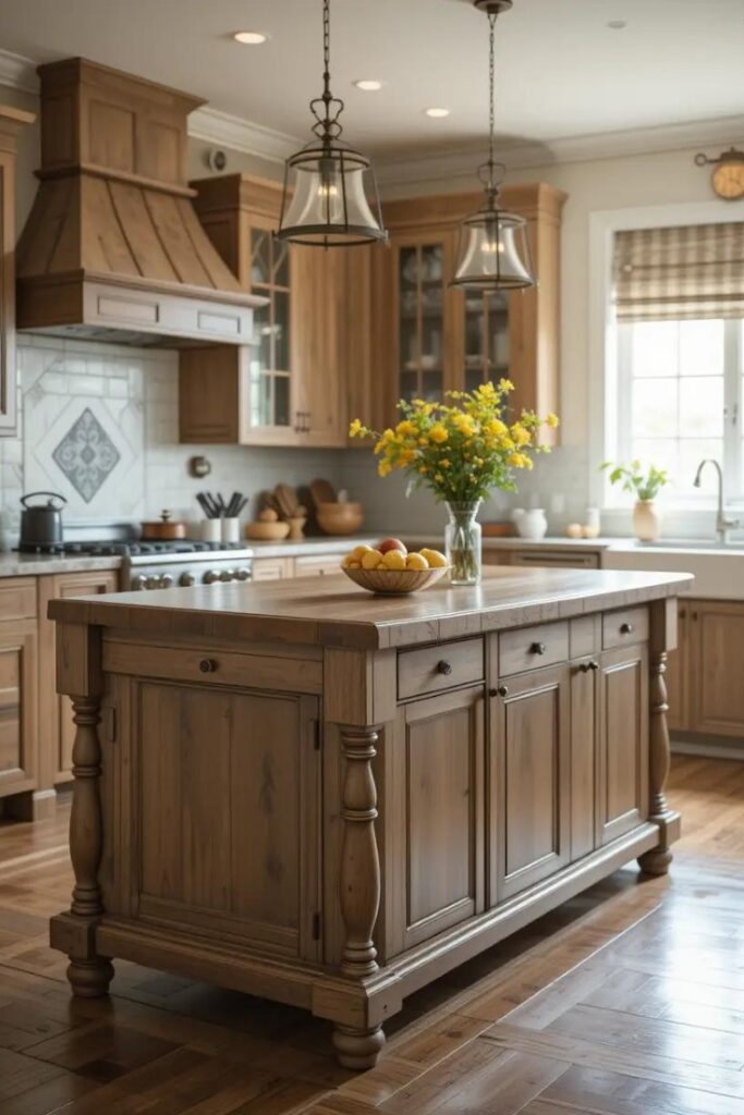 Furniture-style kitchen island with decorative legs in a transitional design.